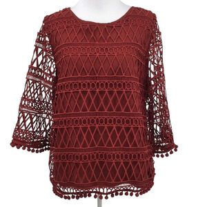 Tularosa Blouse Womens Small Red Cannes Short Sleeve Lace Pompom Top Aritzia